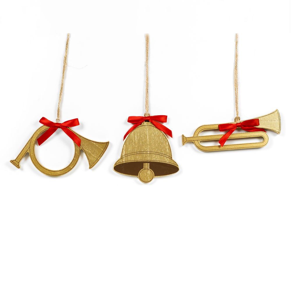 3x3x.25 wood ornament set/3 (HORNS/BELL) gd/rd