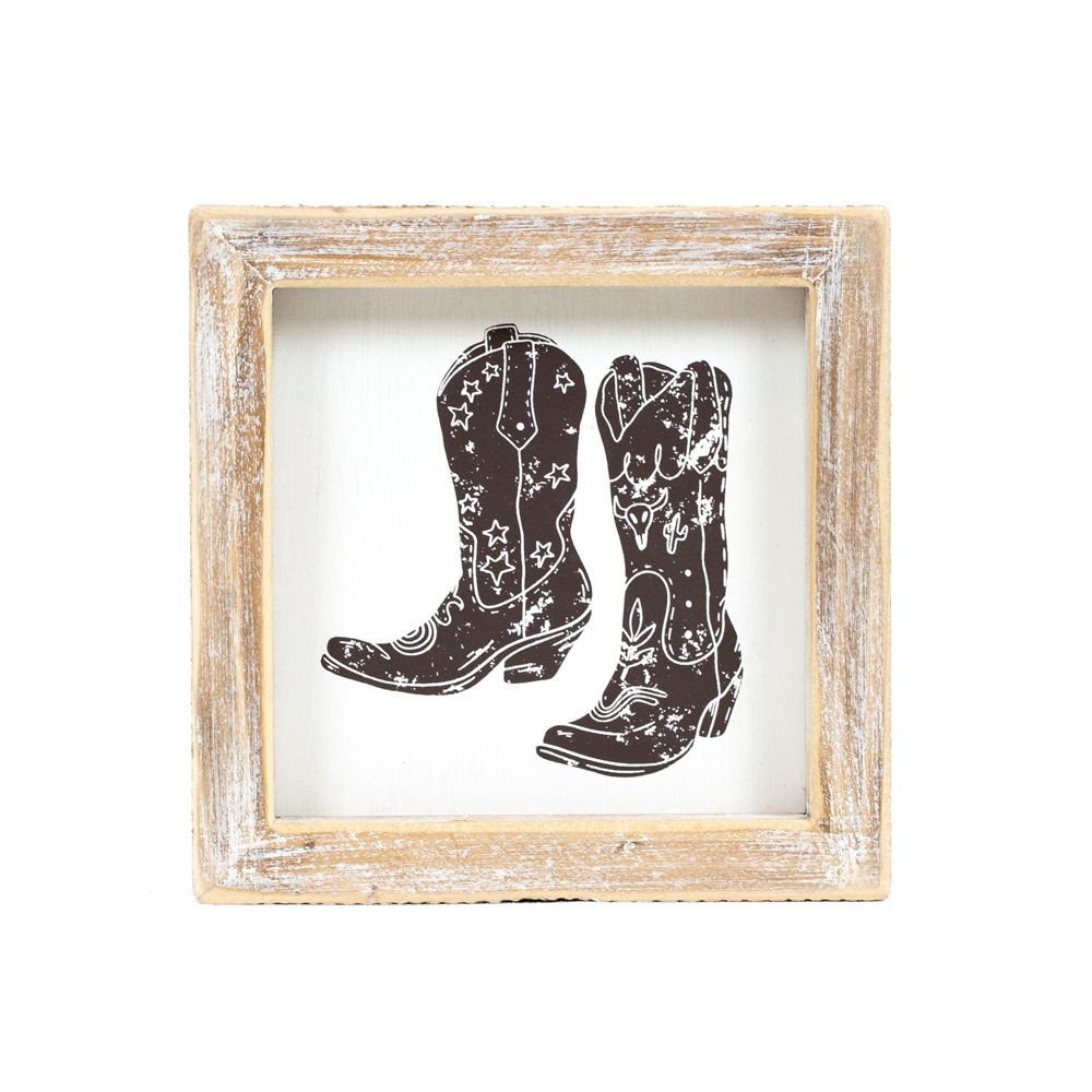 5x5x1.5 reversible wood frame sign (HAT/BOOTS) white, brown Giddy Up Collection