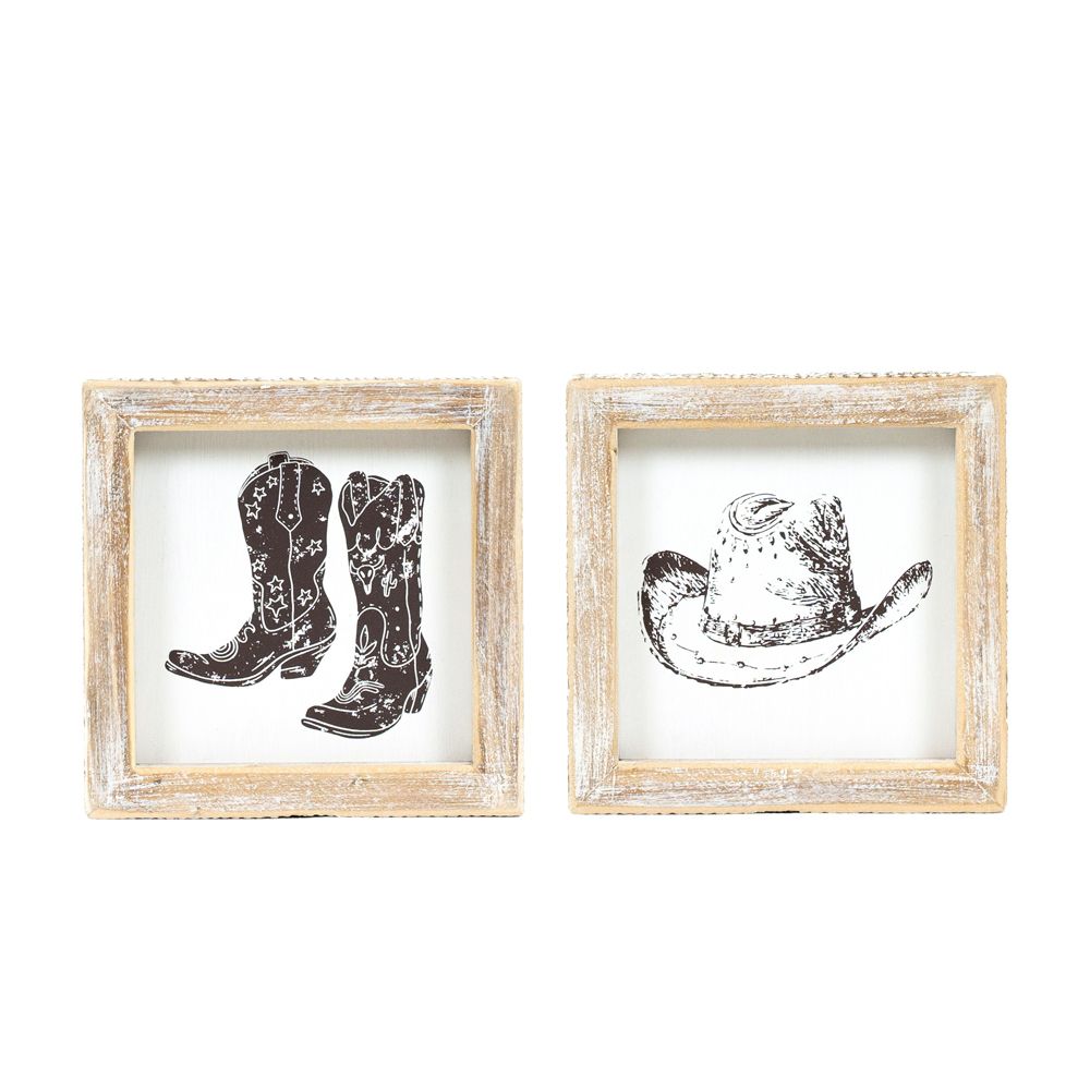 5x5x1.5 reversible wood frame sign (HAT/BOOTS) white, brown Giddy Up Collection