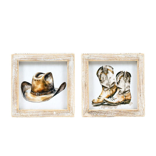 5x5x1.5 reversible wood frame sign (HAT/BOOTS) multicolor Giddy Up Collection