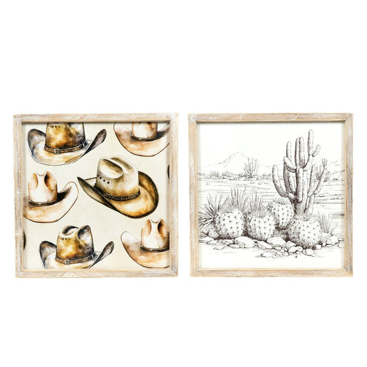 17x17x1.5 reversible wood frame sign (HAT/CACTUS) multicolor Giddy Up Collection