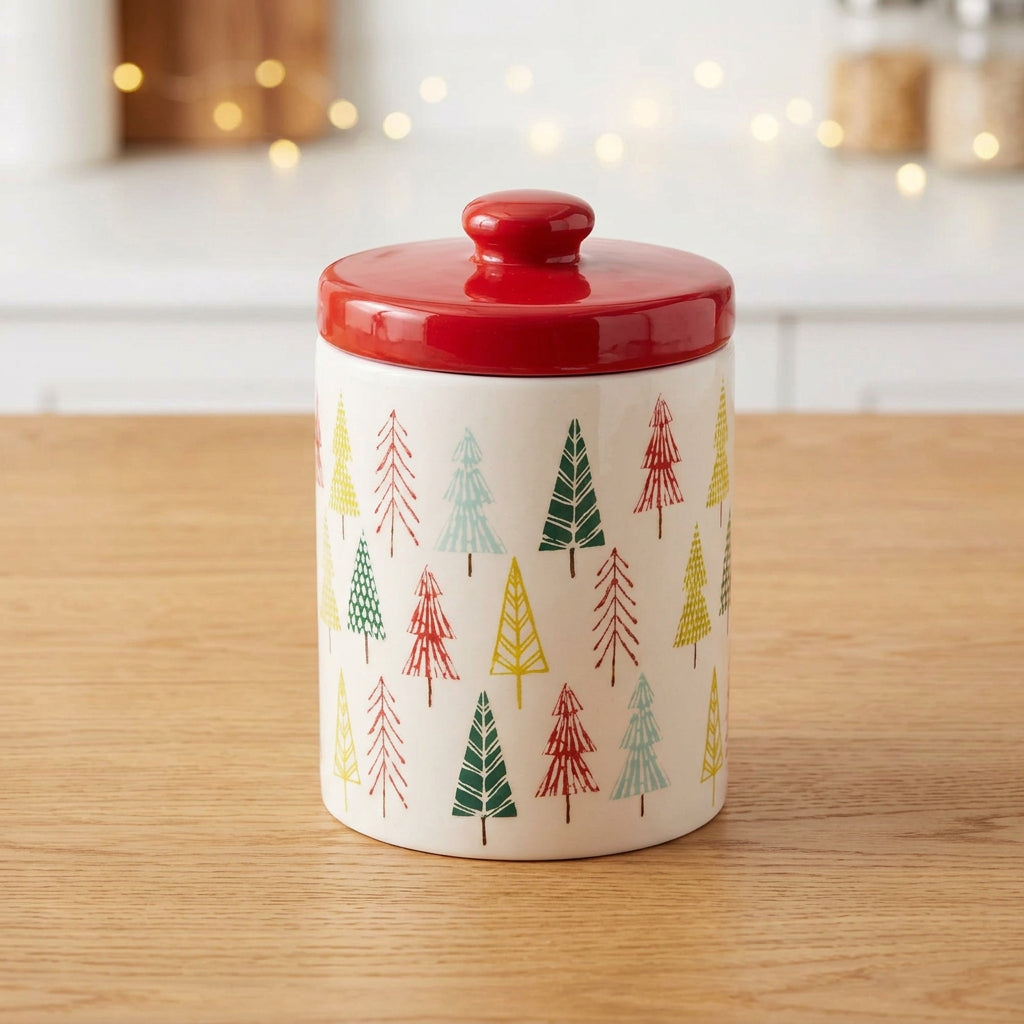 Ceramic Pine Tree Print Cookie Jar 10"H