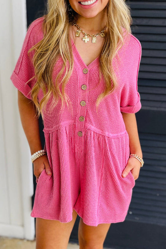 Corded Short Sleeve Buttoned Romper