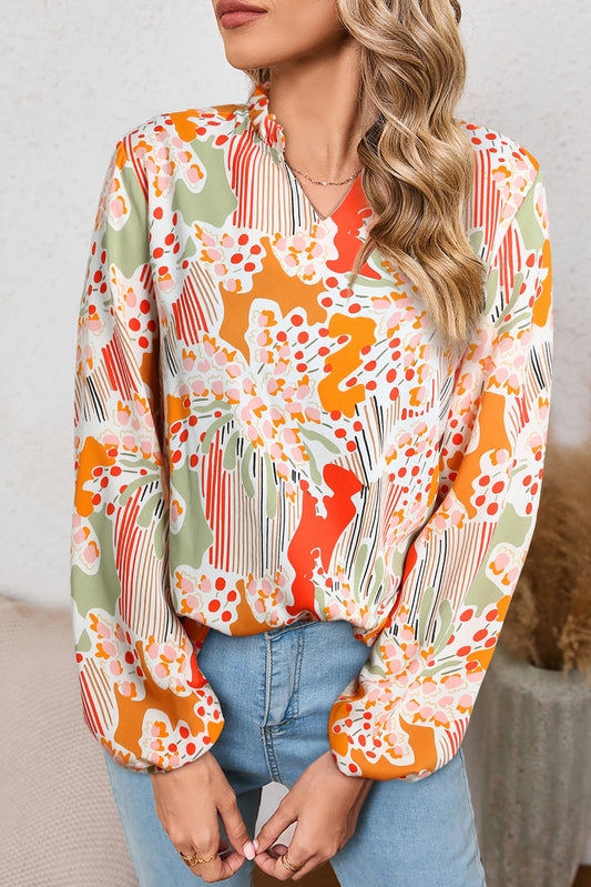 Abstract Puff Sleeve V-Neck Blouse