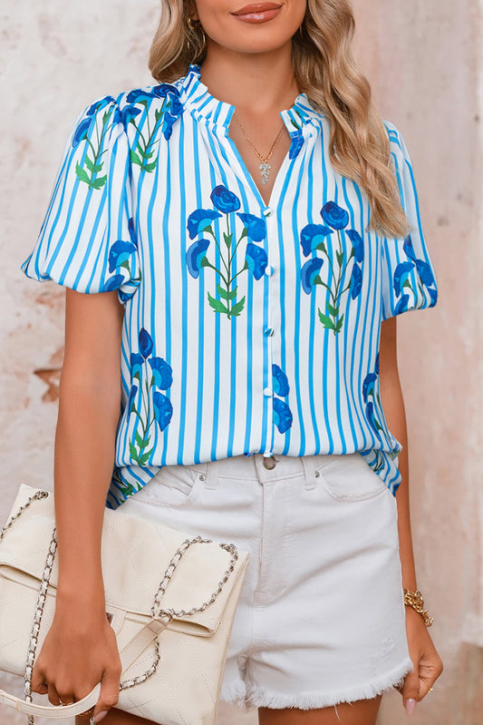 Stripe Floral Puff Sleeve Blouse
