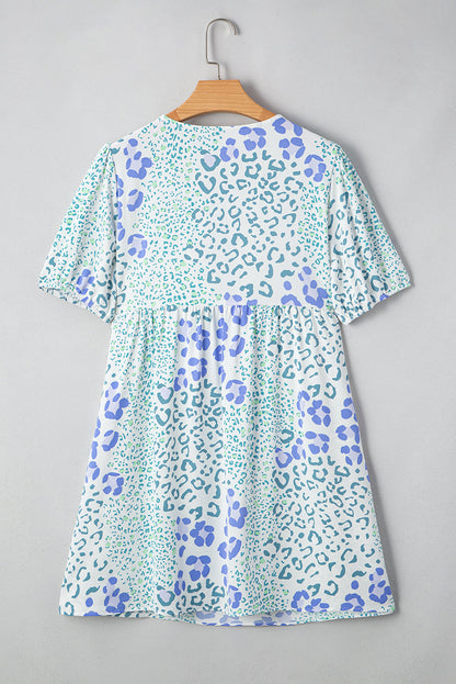 Leopard Contrast Bow Puff Sleeve Dress