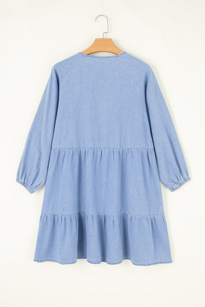 Denim Chambray Puff Sleeve Mini Dress