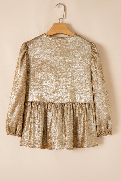 Metallic Bow Tie Front Peplum Blouse