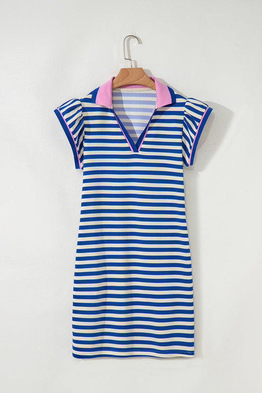 Stripe Contrast Collared V-Neck Dress