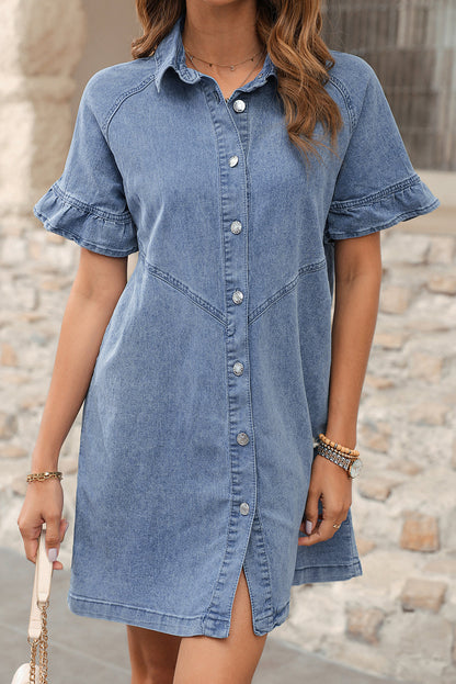 Denim Frilled Short Sleeve Dress