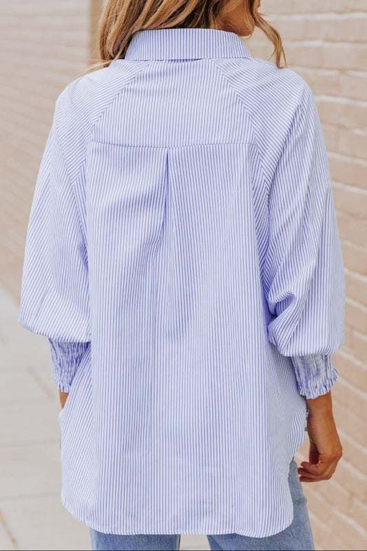 Stripe Smocked Cuff Buttoned Shirt