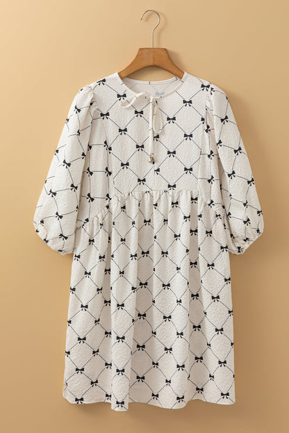 Bow Textured Puff Sleeve Mini Dress