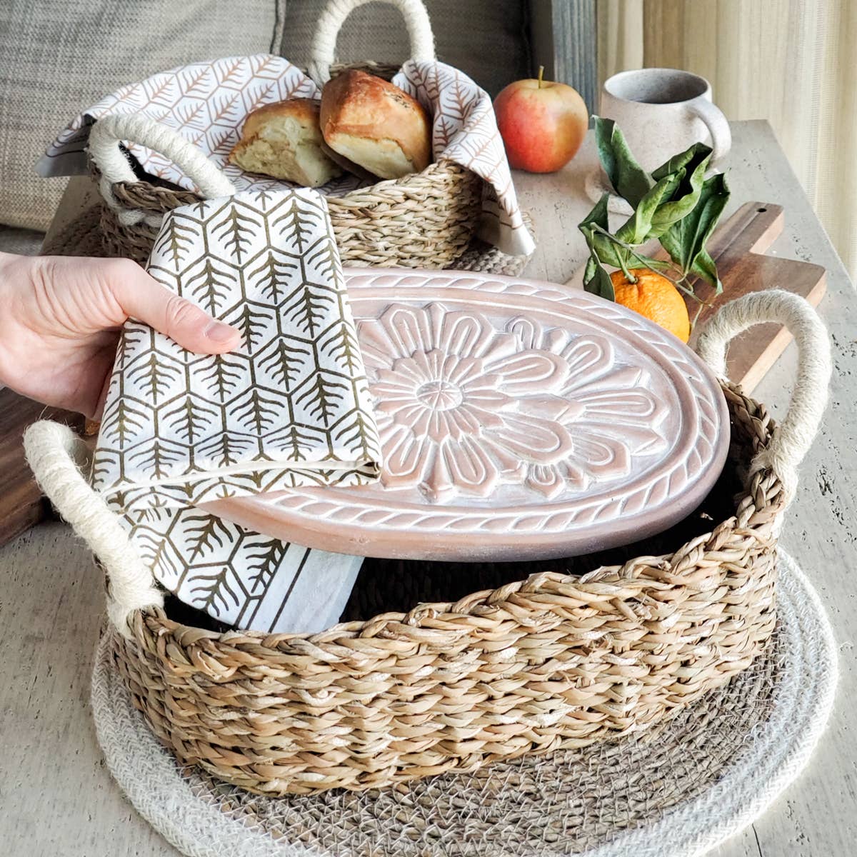 Floral Handmade Bread Warmer & Wicker Basket