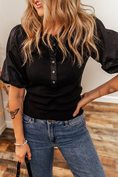Ribbed Patchwork Puff Sleeve Top