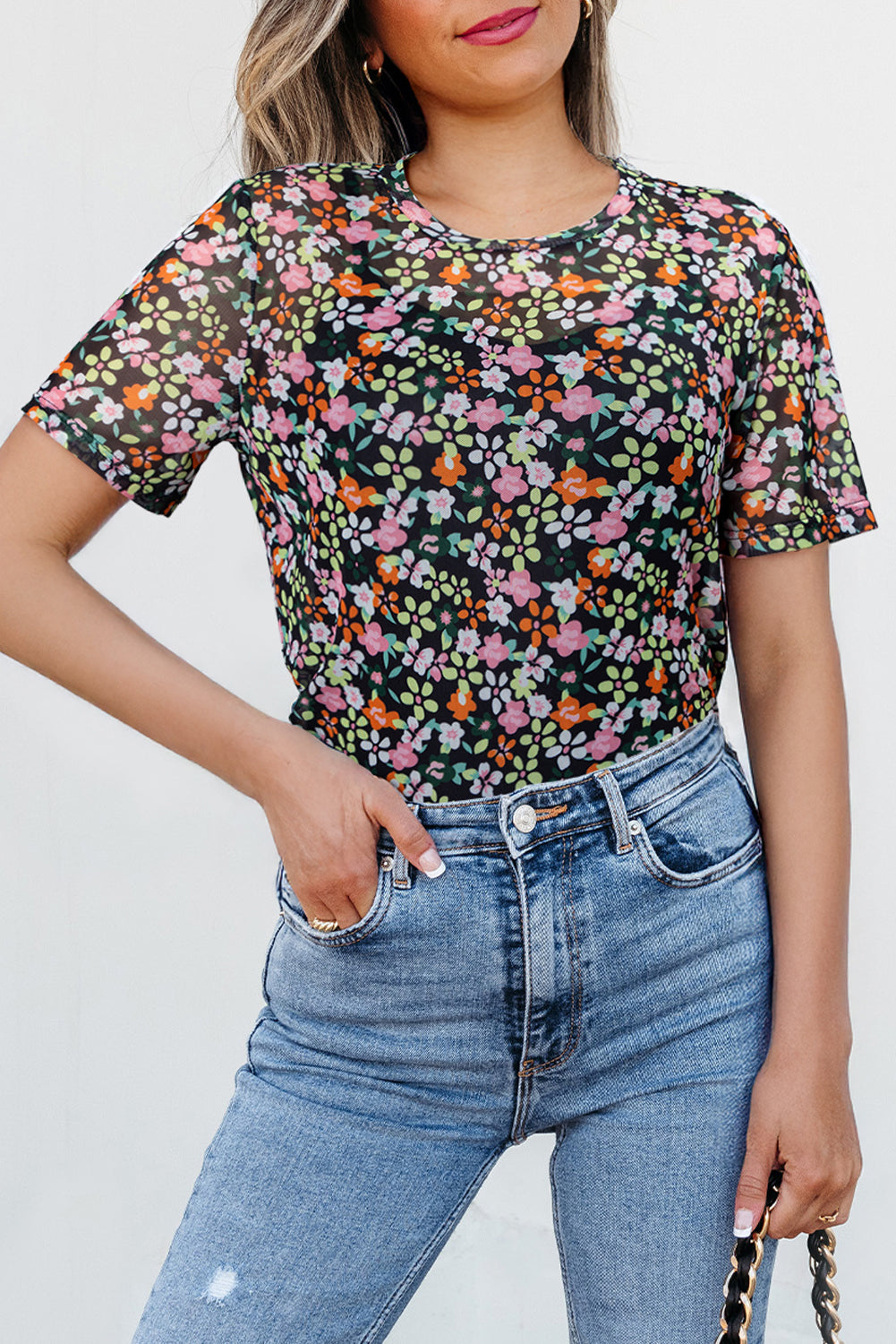 Floral Sheer Mesh T-Shirt