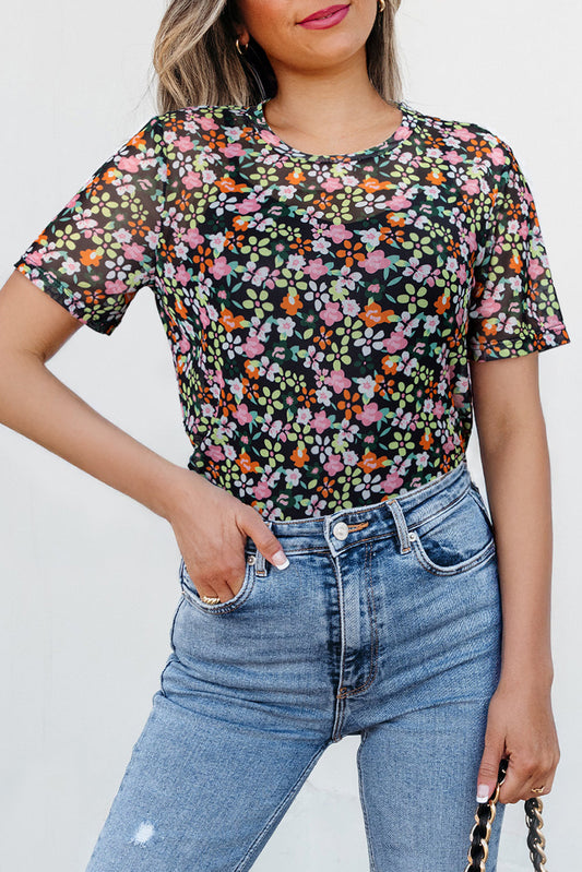 Floral Sheer Mesh T-Shirt