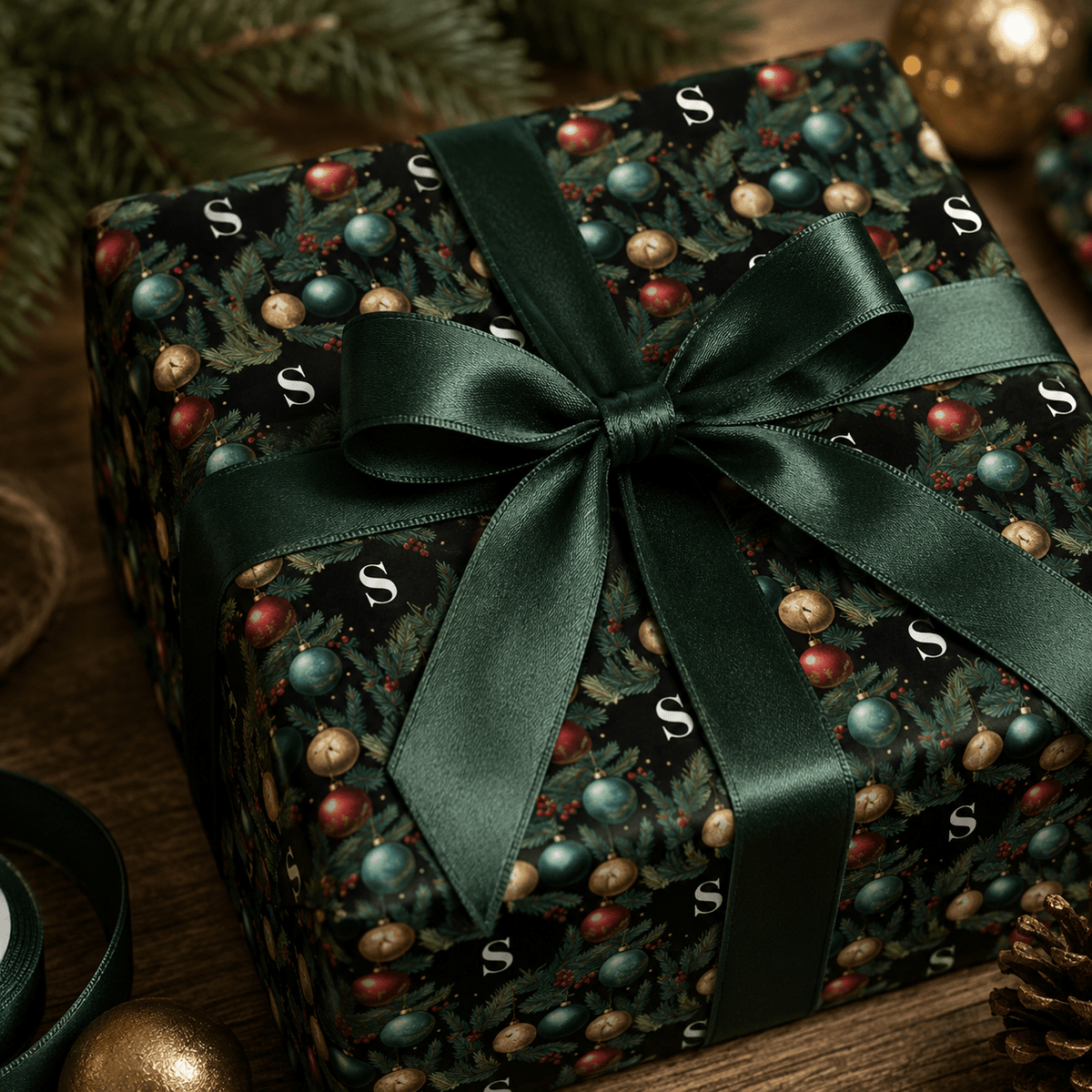 Personalized Fir & Frost Holiday Monogram Wrapping Paper