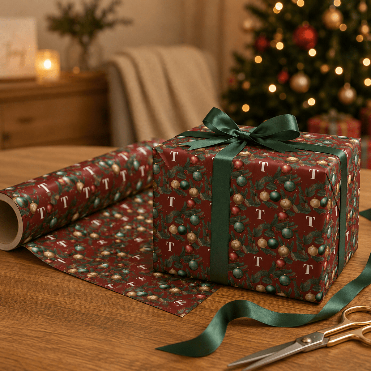Personalized Fir & Frost Holiday Monogram Wrapping Paper