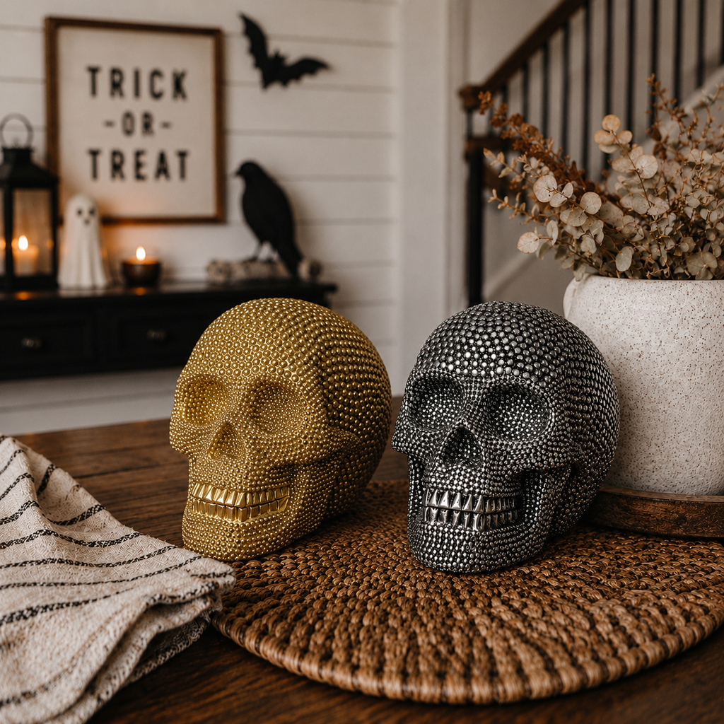 Skull Halloween Figurine in Silver or Gold