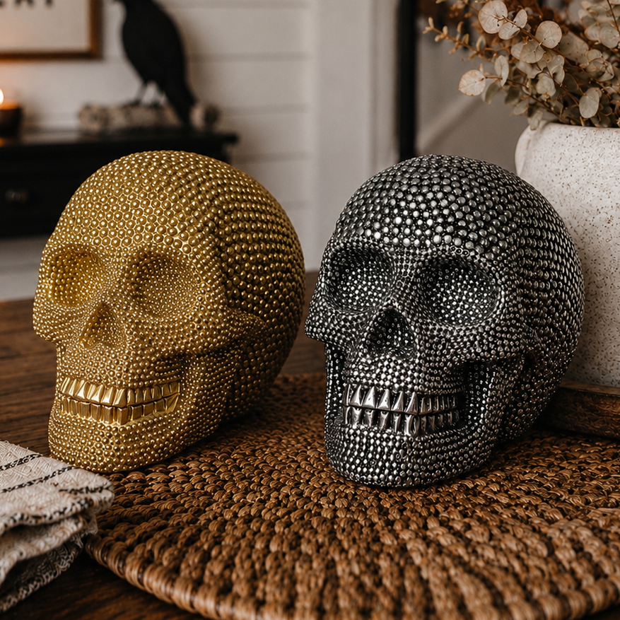 Skull Halloween Figurine in Silver or Gold