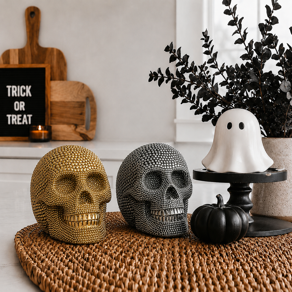 Skull Halloween Figurine in Silver or Gold