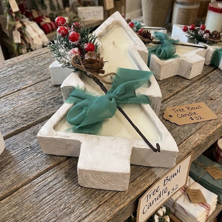 Christmas Tree Candle in a Wood Bowl