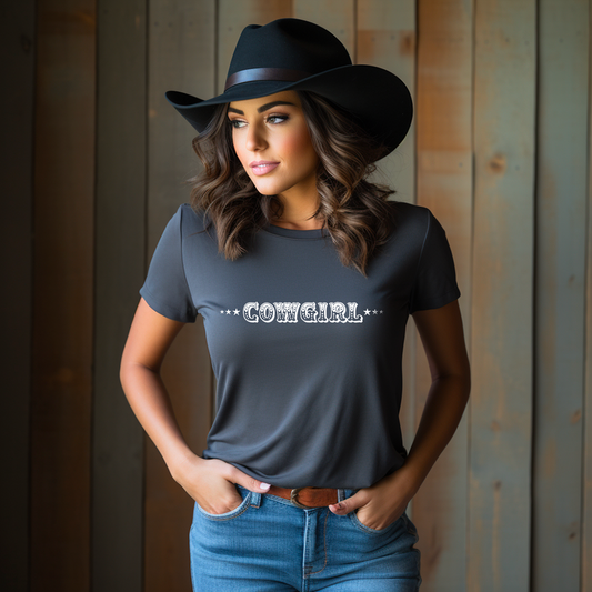 Cowgirl with Sheriff Stars Graphic Tee Shirt - Bourbon Cowgirl