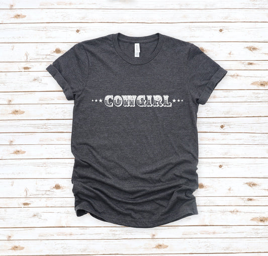 Cowgirl with Sheriff Stars Graphic Tee Shirt - Bourbon Cowgirl