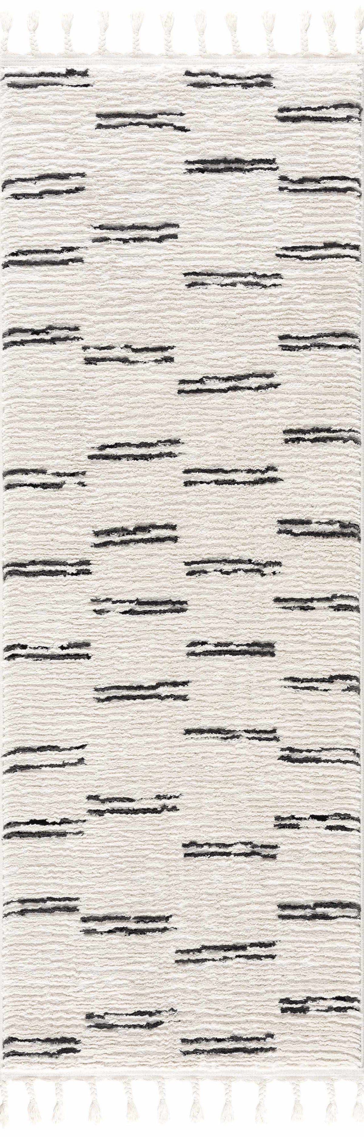 Riad Black Striped White Rug with Tassels