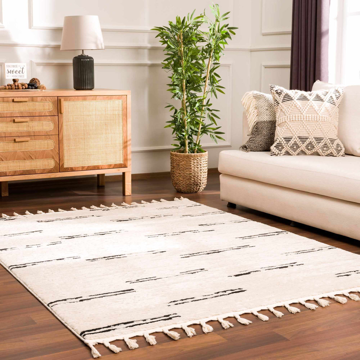 Riad Black Striped White Rug with Tassels