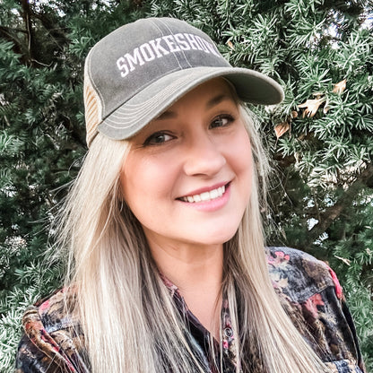 Smokeshow Trucker Hat Distressed Black Embroidered Pink or Aqua