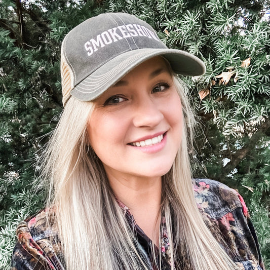 Smokeshow Trucker Hat Distressed Black Embroidered Pink or Aqua