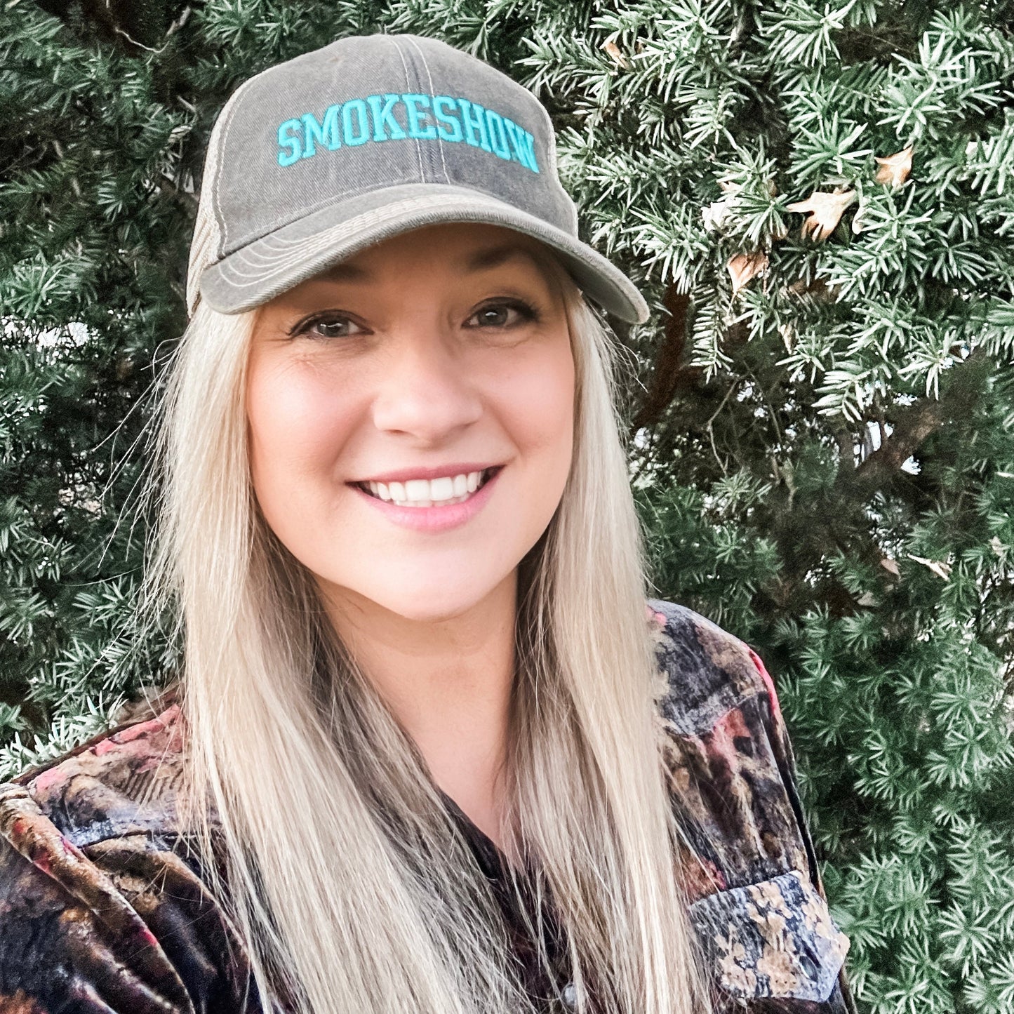 Smokeshow Trucker Hat Distressed Black Embroidered Pink or Aqua