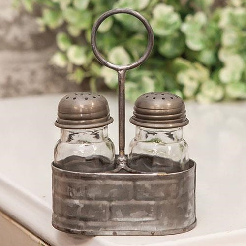 Galvanized Embossed Salt & Pepper Caddy w/Shakers