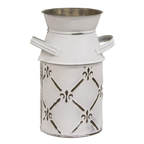 Whitewashed Fleur De Lis Galvanized Milk Can Small