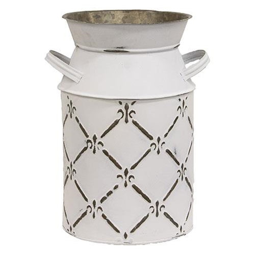 Whitewashed Fleur De Lis Galvanized Milk Can Large