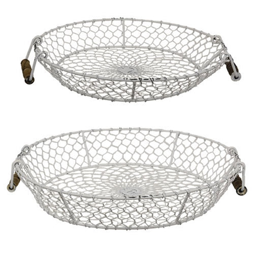 2/Set Distressed White Chicken Wire Round Trays