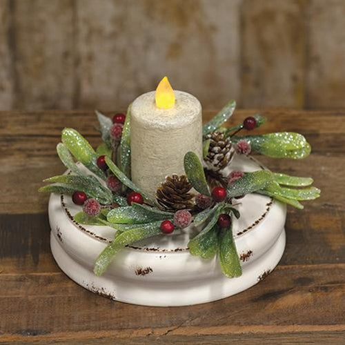 *White Distressed Double Candle Plate 7"