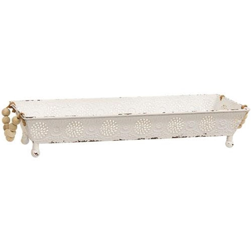 Shabby Chic Ornate Metal Tray w/Bead Handles