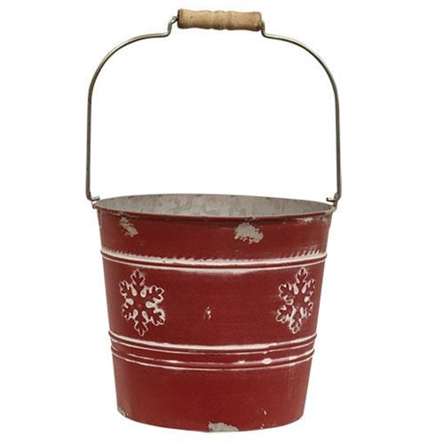 Distressed Red Metal Snowflake Embossed Bucket