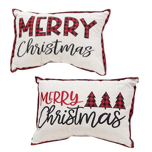 *Embroidered Buffalo Check Trim Merry Christmas Pillow 2 Asstd.