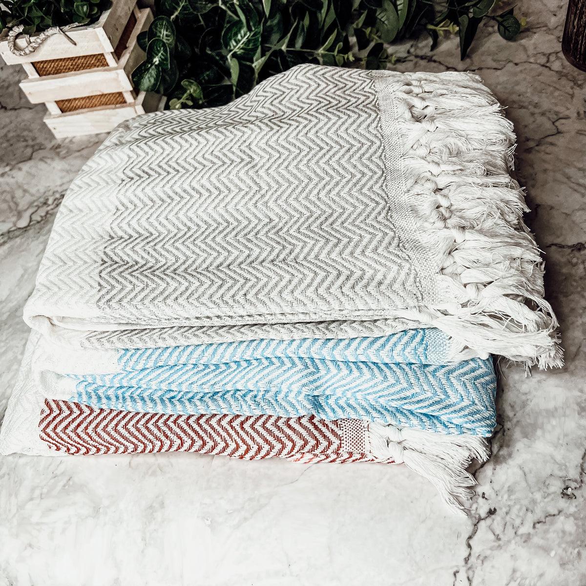 Chevron Cotton Towels with Tassels in Gray, blue or Rust Color