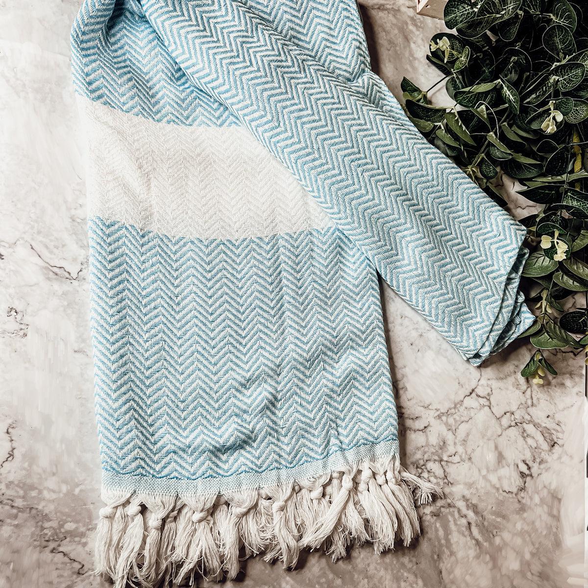 Large Cotton Towels with Tassels, Blue Chevron Bathroom Towel