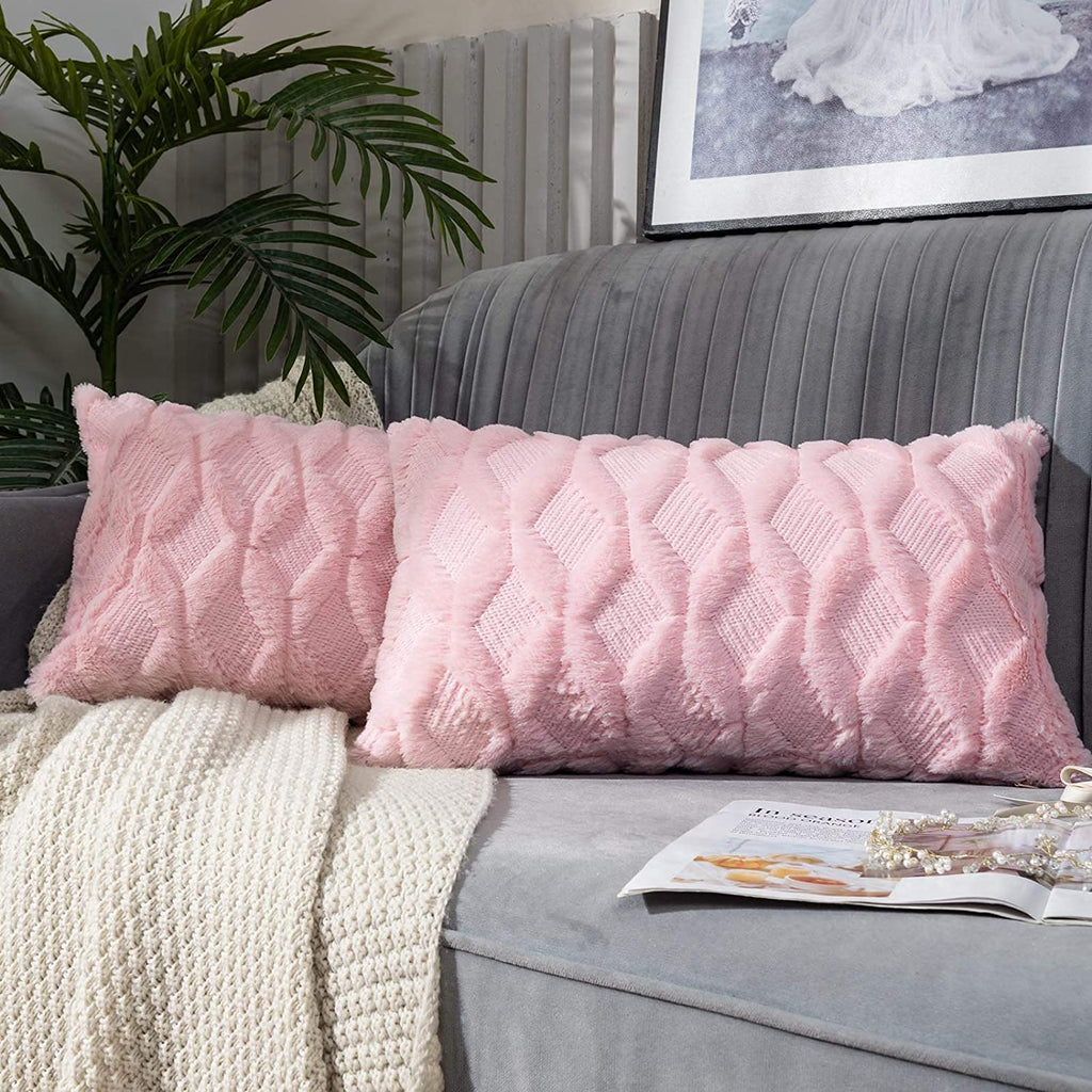 Solid Rectangular Lumbar Plush Throw Pillow Covers 12x20 Pack of 2