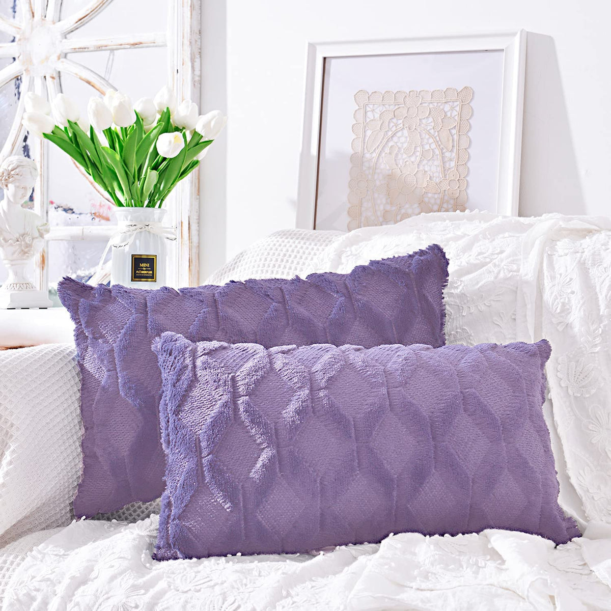 Solid Rectangular Lumbar Plush Throw Pillow Covers 12x20 Pack of 2