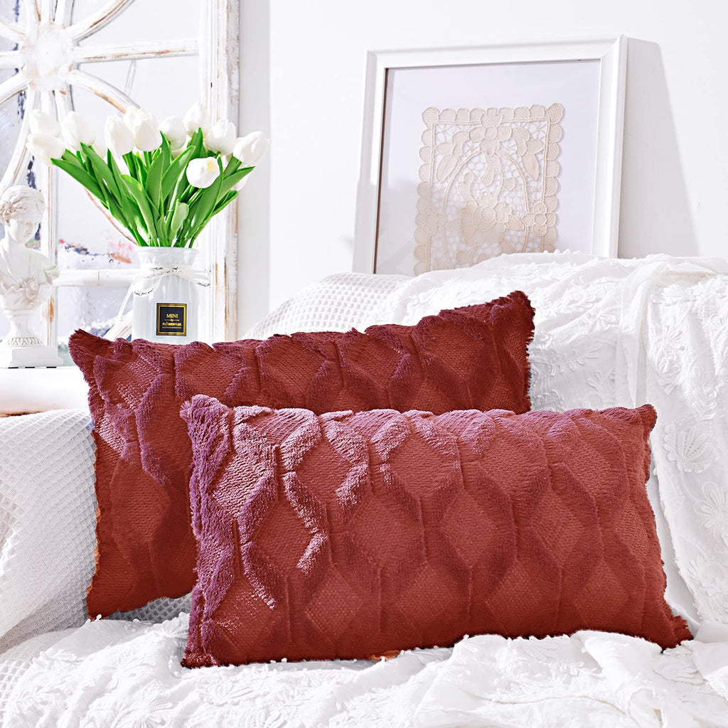 Solid Rectangular Lumbar Plush Throw Pillow Covers 12x20 Pack of 2