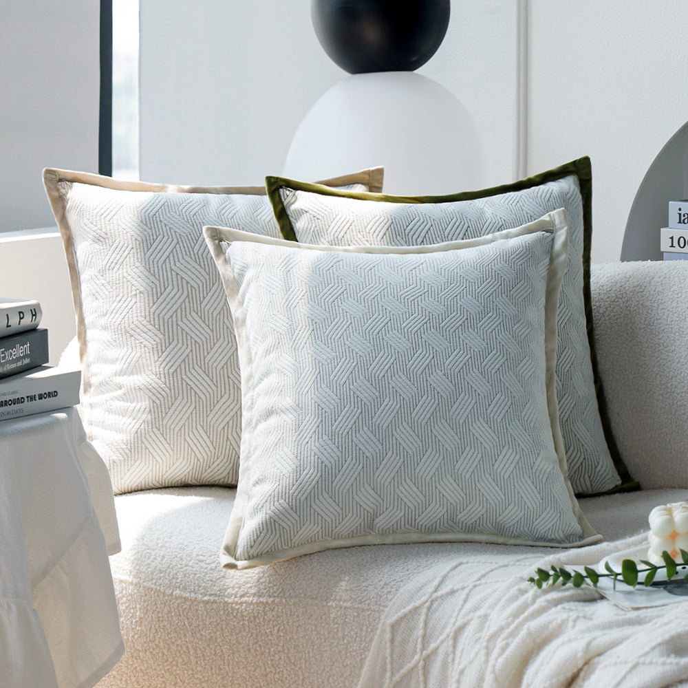 18x18 Square Throw Pillow Set | Herringbone Trio | Neutral White & Olive Green Accents