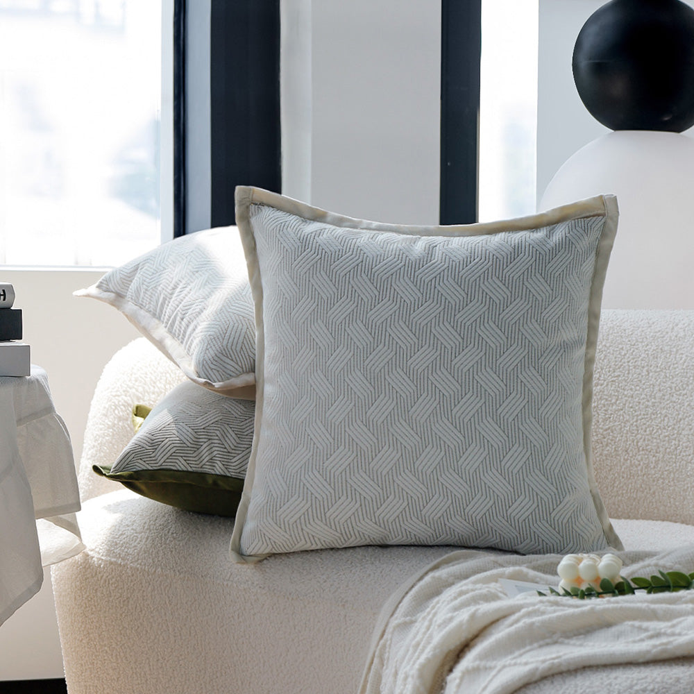 18x18 Square Throw Pillow Set | Herringbone Trio | Neutral White & Olive Green Accents