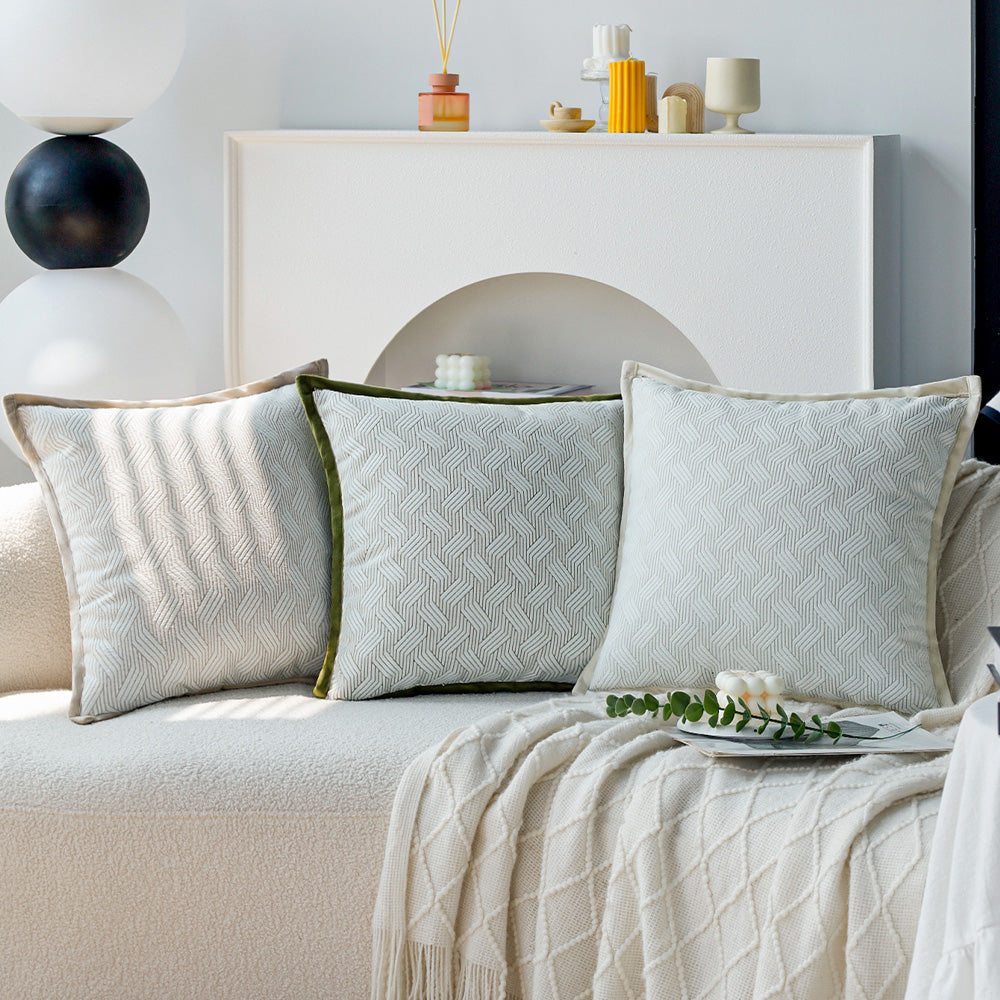 18x18 Square Throw Pillow Set | Herringbone Trio | Neutral White & Olive Green Accents