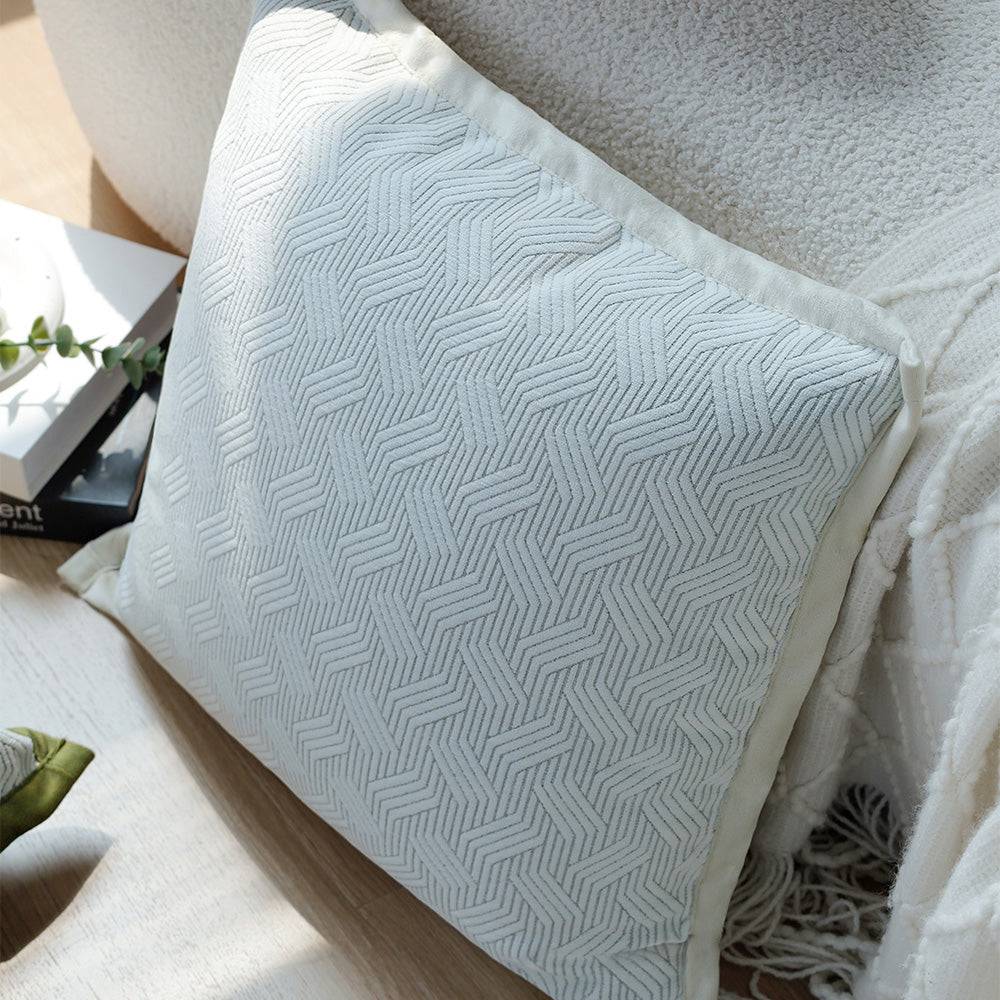 18x18 Square Throw Pillow Set | Herringbone Trio | Neutral White & Olive Green Accents